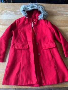 Cat & Jack Red Hooded Pea Coat with Faux Fur Trim Girls Large